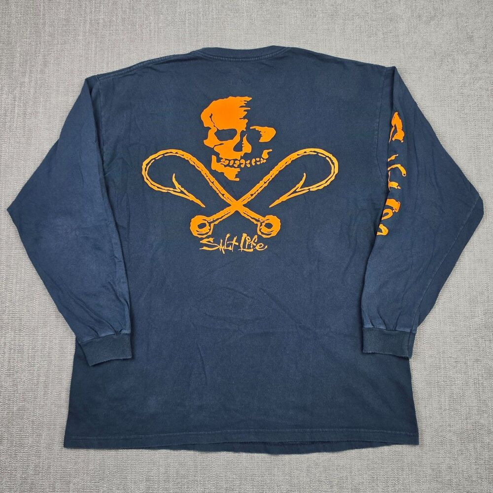 Salt Life Mens XL Dark Blue Orange Skull Fish Hooks Long Sleeve T-Shirt Graphic - Picture 2 of 6